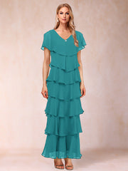 Sheath Column V Neck Short Sleeve Mother of the Bride Dress with Ruffles