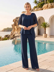 Chiffon V Neck Half Sleeve 2 Pieces Pantsuits with Rhinestone Details