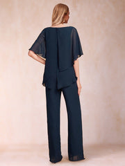 Chiffon V Neck Half Sleeve 2 Pieces Pantsuits with Rhinestone Details