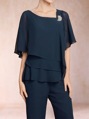 Chiffon V Neck Half Sleeve 2 Pieces Pantsuits with Rhinestone Details