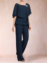 Chiffon V Neck Half Sleeve 2 Pieces Pantsuits with Rhinestone Details