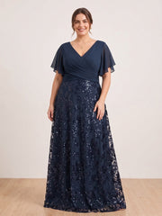 A Line Princess V Neck Short Sleeve Floor Length Plus Size Mother of the Bride Dress