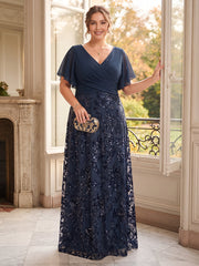 A Line Princess V Neck Short Sleeve Floor Length Plus Size Mother of the Bride Dress