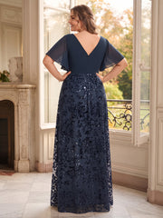 A Line Princess V Neck Short Sleeve Floor Length Plus Size Mother of the Bride Dress