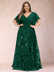 A Line Princess V Neck Short Sleeve Floor Length Plus Size Mother of the Bride Dress