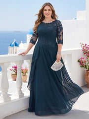 A Line Princess Scoop 3/4 Sleeve Plus Size Mother of the Bride Dress