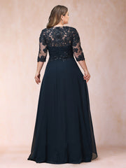 A Line Princess Scoop 3/4 Sleeve Plus Size Mother of the Bride Dress