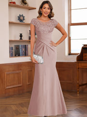 Scoop Short Sleeve Chiffon Mother of the Bride Dress Trumpet Mermaid with Applique