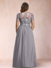 A Line Princess Scoop Short Sleeve Plus Size Mother of the Bride Jumpsuit with Applique