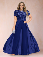 A Line Princess Scoop Short Sleeve Plus Size Mother of the Bride Jumpsuit with Applique