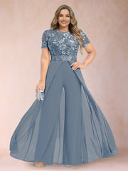 A Line Princess Scoop Short Sleeve Plus Size Mother of the Bride Jumpsuit with Applique