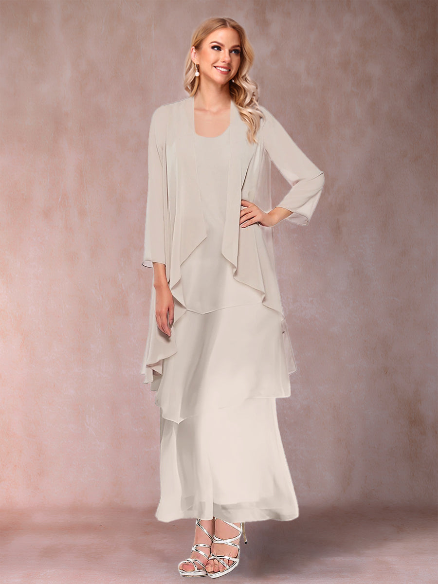 A Line Princess Scoop 3/4 Sleeve Two Piece Mother of the Bride Dress with Ruffles and Jacket
