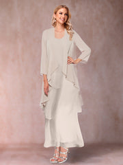 A Line Princess Scoop 3/4 Sleeve Two Piece Mother of the Bride Dress with Ruffles and Jacket