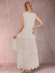 A Line Princess Scoop 3/4 Sleeve Two Piece Mother of the Bride Dress with Ruffles and Jacket