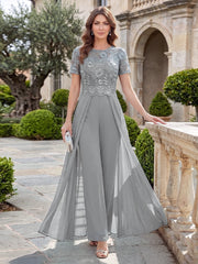Mother of the Bride A-Line Scoop Short Sleeves Jumpsuit with Appliques