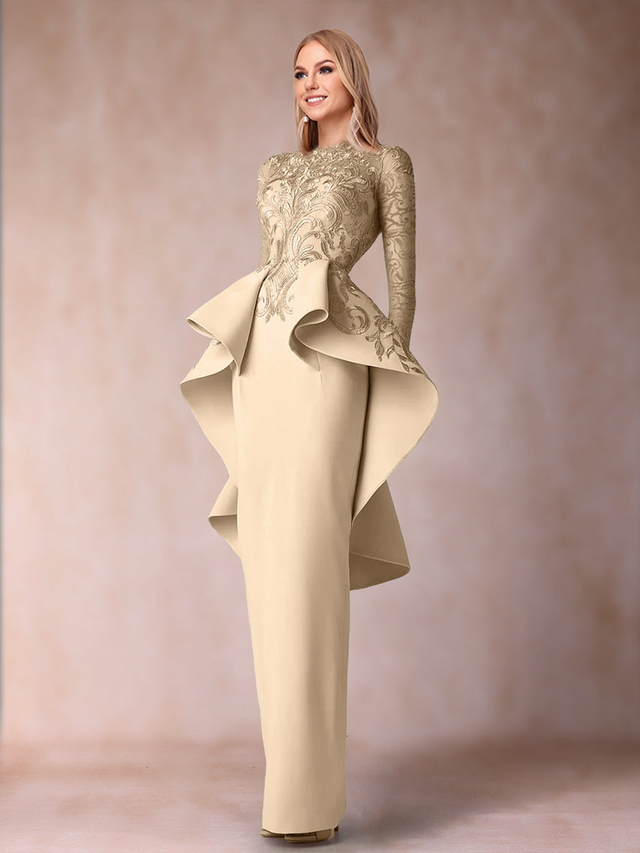 Mother of the Bride Sheath Column Scoop Long Sleeves Dress with Appliques