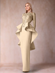 Mother of the Bride Sheath Column Scoop Long Sleeves Dress with Appliques