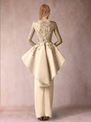 Mother of the Bride Sheath Column Scoop Long Sleeves Dress with Appliques