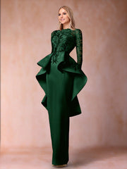 Mother of the Bride Sheath Column Scoop Long Sleeves Dress with Appliques