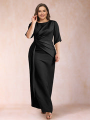 Mother of the Bride Sheath Column Scoop Half Sleeves Plus Size Dress with Ruched Details