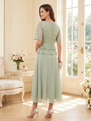 Mother of the Bride A Line Princess Scoop Half Sleeves Tea Length Dress with Lace and Ruffles