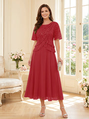 Mother of the Bride A Line Princess Scoop Half Sleeves Tea Length Dress with Lace and Ruffles
