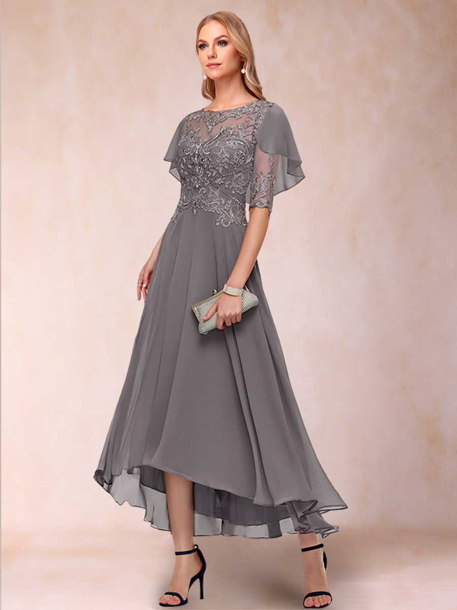 Mother of the Bride A Line Princess Scoop Half Sleeves Dress with Appliques