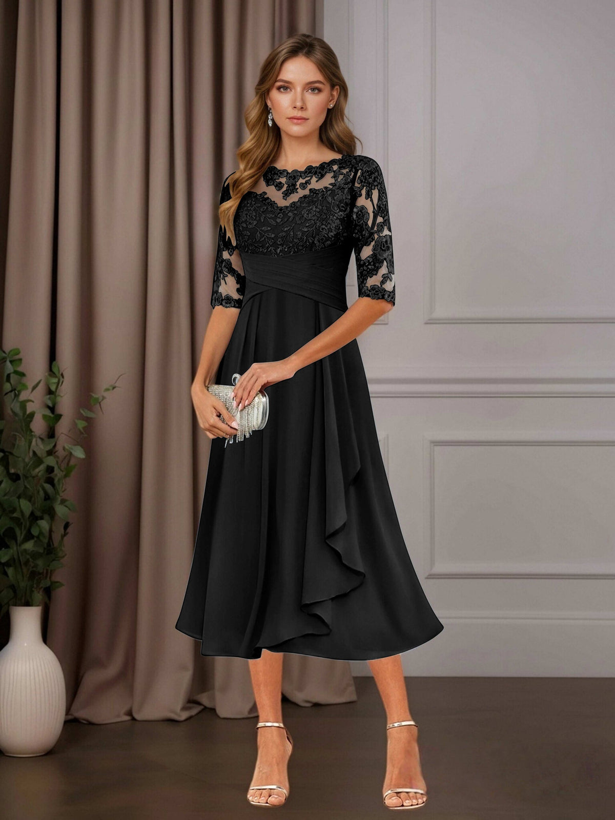 A Line Chiffon Scoop Neck Half Sleeve Tea-Length Dress with Ruffle Appliques for Mother of the Bride