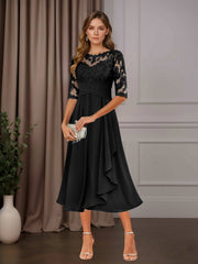 A Line Chiffon Scoop Neck Half Sleeve Tea-Length Dress with Ruffle Appliques for Mother of the Bride