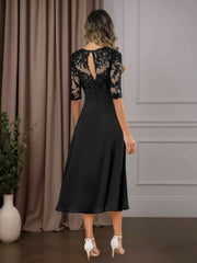 A Line Chiffon Scoop Neck Half Sleeve Tea-Length Dress with Ruffle Appliques for Mother of the Bride