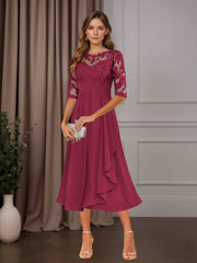 A Line Chiffon Scoop Neck Half Sleeve Tea-Length Dress with Ruffle Appliques for Mother of the Bride