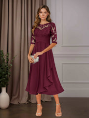 A Line Chiffon Scoop Neck Half Sleeve Tea-Length Dress with Ruffle Appliques for Mother of the Bride
