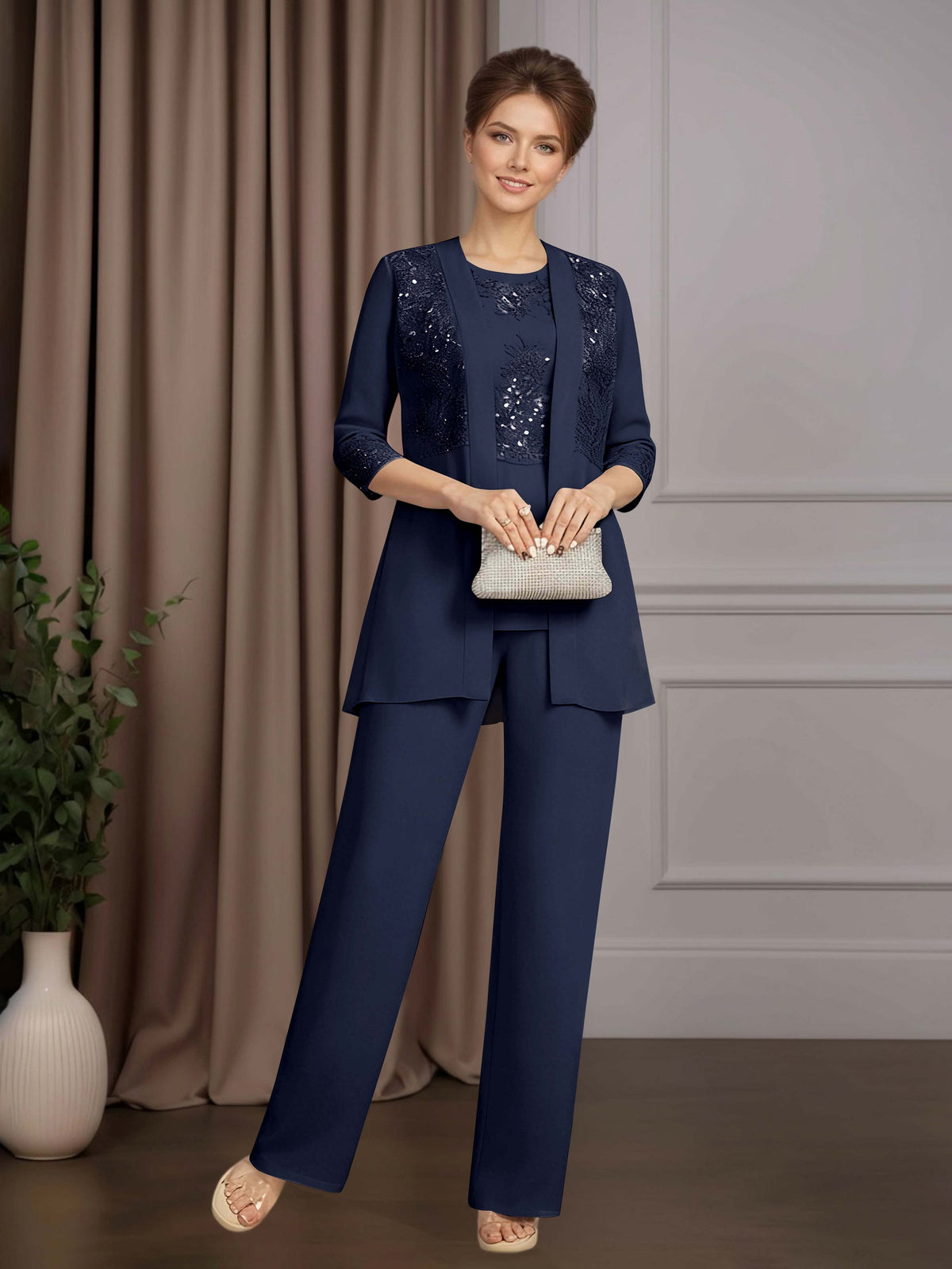 Mother of the Bride 3 Pieces Scoop Neck Half Sleeves Floor Length Pantsuit with Sequins and Lace Appliques