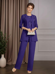 Mother of the Bride 3 Pieces Scoop Neck Half Sleeves Floor Length Pantsuit with Sequins and Lace Appliques