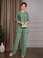 Mother of the Bride 3 Pieces Scoop Neck Half Sleeves Floor Length Pantsuit with Sequins and Lace Appliques