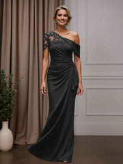 Mother of the Bride Sheath Column One-Shoulder Short Sleeves Floor Length Dress with Appliques