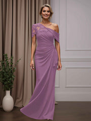 Mother of the Bride Sheath Column One-Shoulder Short Sleeves Floor Length Dress with Appliques