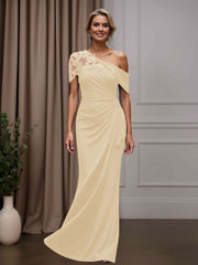 Mother of the Bride Sheath Column One-Shoulder Short Sleeves Floor Length Dress with Appliques
