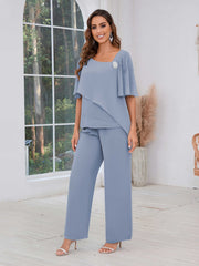 Mother of the Bride Two Pieces Beading Chiffon Pantsuit