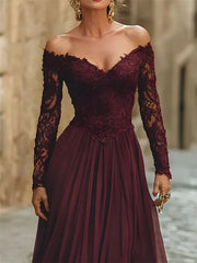 A Line Off the Shoulder Long Sleeve Floor Length Chiffon Corset Dress with Lace Appliques for Mother of the Bride