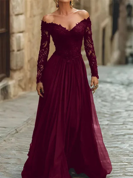 A Line Off the Shoulder Long Sleeve Floor Length Chiffon Corset Dress with Lace Appliques for Mother of the Bride
