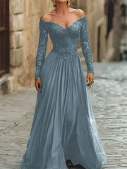 A Line Off the Shoulder Long Sleeve Floor Length Chiffon Corset Dress with Lace Appliques for Mother of the Bride