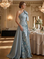 Mother of the Bride A Line One Shoulder Bow Floor Length Satin Corset Dress