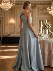 Mother of the Bride A Line One Shoulder Bow Floor Length Satin Corset Dress