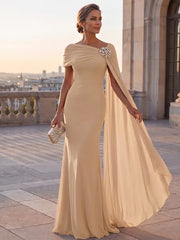 Mother of the Bride Sheath One Shoulder Rhinestone Sweep Train Chiffon Corset Dress