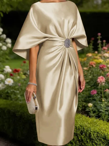 Mother of the Bride Sheath Scoop Half Sleeves Pleated Tea Length Satin Corset Dress