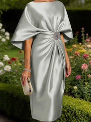 Mother of the Bride Sheath Scoop Half Sleeves Pleated Tea Length Satin Corset Dress