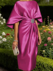 Mother of the Bride Sheath Scoop Half Sleeves Pleated Tea Length Satin Corset Dress
