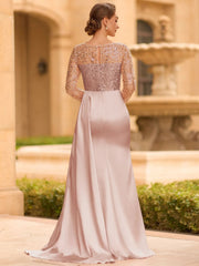 Sophisticated Sheath Scoop Long Sleeves Sequin Floor Length Silk Like Satin Mother of the Bride Dress