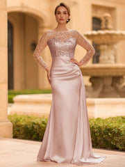 Sophisticated Sheath Scoop Long Sleeves Sequin Floor Length Silk Like Satin Mother of the Bride Dress